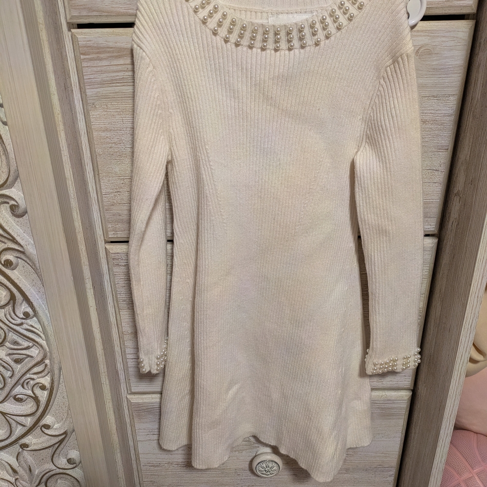 Elegant Cream Sweater Dress with Pearl Accents